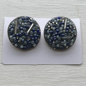 Blue Seed Bead Accent Button
 Round Clip Earrings